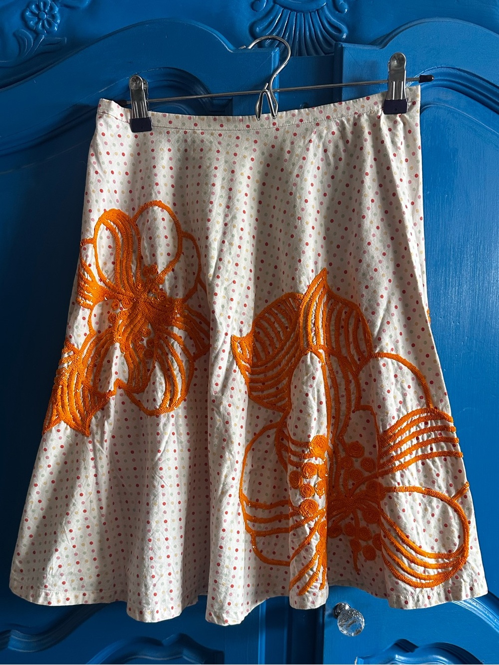 French Connection Cream Skirt with Bright Orange Floral Embroidery